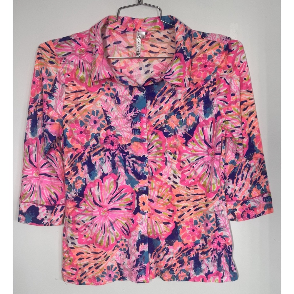 Lulu B Tropical 3/4 Sleeve Button Up Shirt Women's S Resort Wear Cruise Coastal